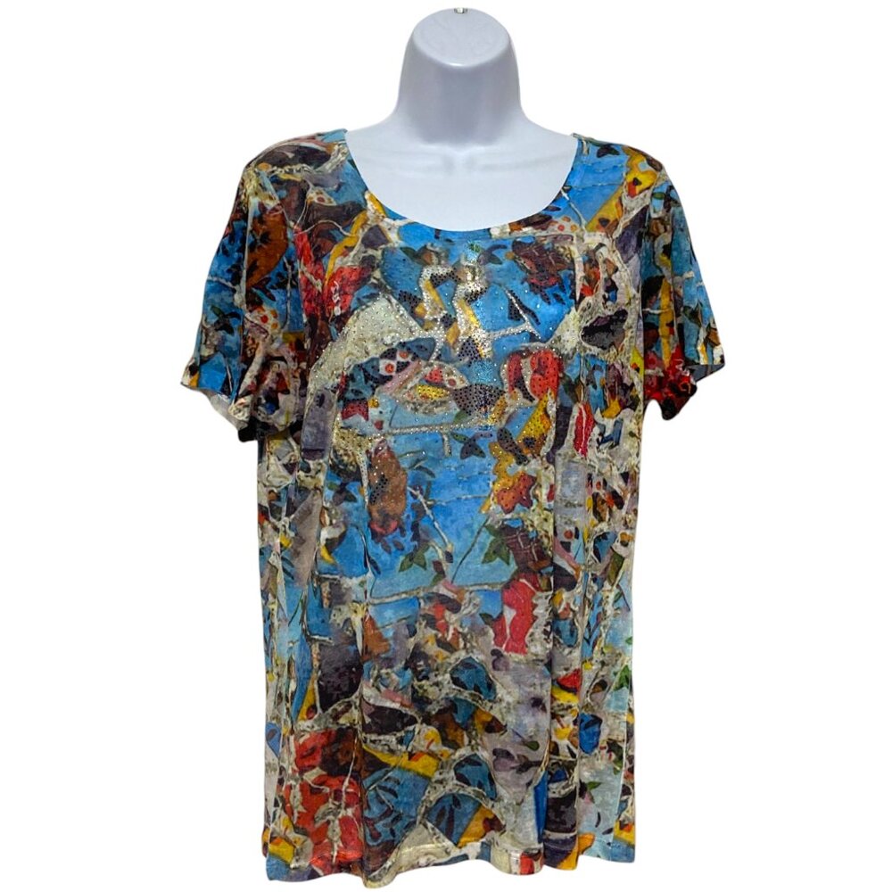 Women's Large Pullover Top Multi-Color Rhinestone Design By-Color Works